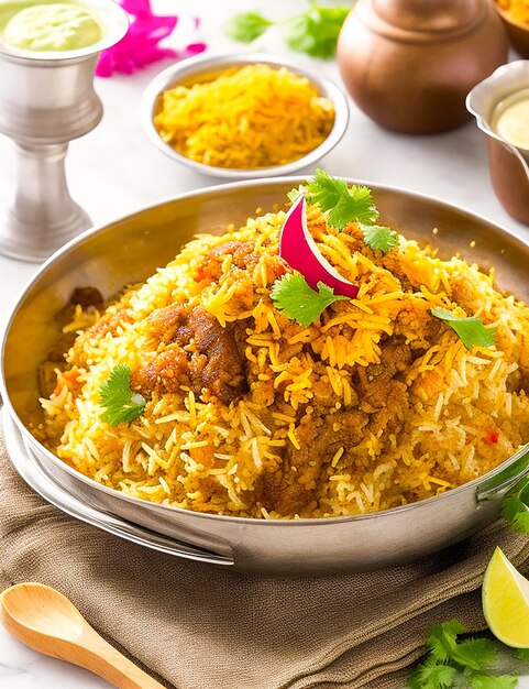 Photo biryani gastronomique avec riz au safran et poulet généré par l'ia