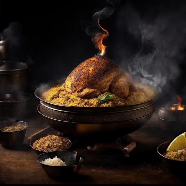 Biryani de poulet juteux avec de la fumée