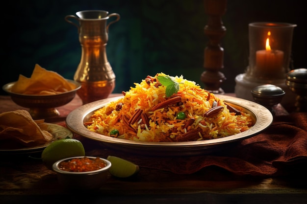 Photo biryani servi avec des samosas croustillantes