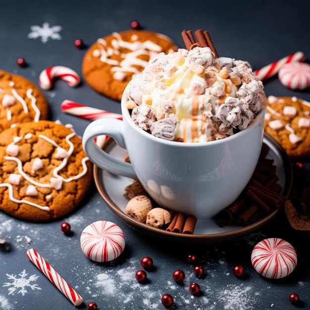 Le biscuit au chocolat, les bonbons de Noël, le caramel, la tasse de cacao et le marshmallow, les décorations sur un fond gris, le gros plan, l'IA générative.