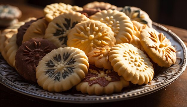 Biscuit aux pépites de chocolat fait maison sur une assiette en bois rustique prêt à manger généré par l'intelligence artificielle