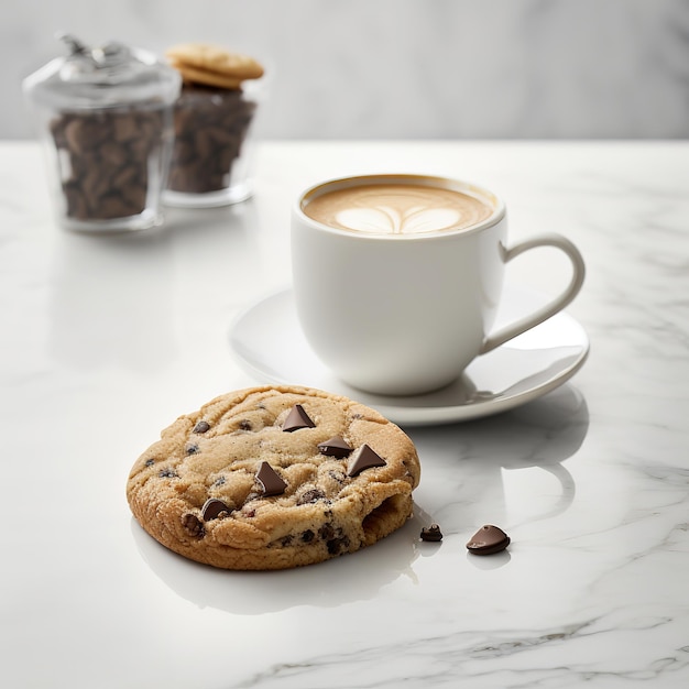 biscuit aux pépites de chocolat gluant et fondant avec un café blanc plat dans une tasse de style café en pierre