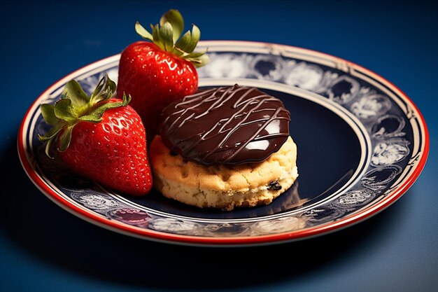 Biscuit avec des fraises et du chocolat rond à l'intérieur d'une assiette bleue