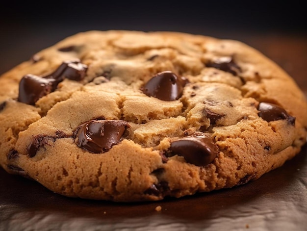 Un biscuit avec des morceaux de chocolat est sur une table.