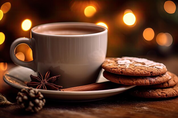 Photo biscuit de pain d'épice de noël et tasse de chocolat chaud avec des guimauves faites en hiver