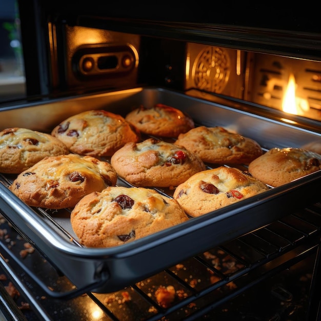 Biscuits assortis cuits dans un four avec éclairage d'ambiance