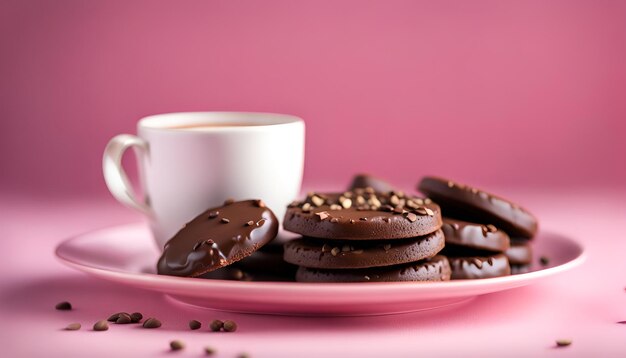 Des biscuits au chocolat sur une assiette rose et du café dans une tasse antique blanche sur un fond rose