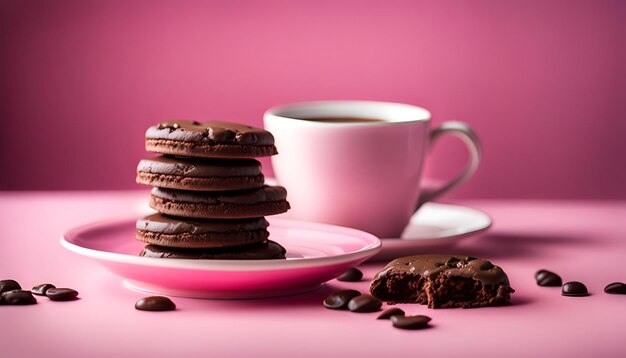 Des biscuits au chocolat sur une assiette rose et du café dans une tasse antique blanche sur un fond rose