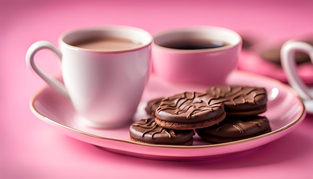 Des biscuits au chocolat sur une assiette rose et du café dans une tasse antique blanche sur un fond rose
