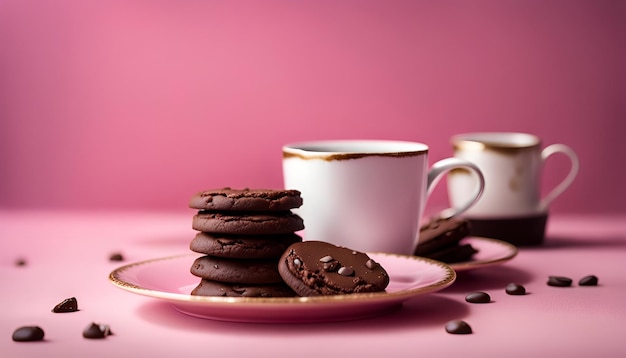 Des biscuits au chocolat sur une assiette rose et du café dans une tasse antique blanche sur un fond rose