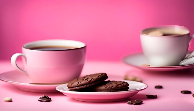 Des biscuits au chocolat sur une assiette rose et du café dans une tasse antique blanche sur un fond rose