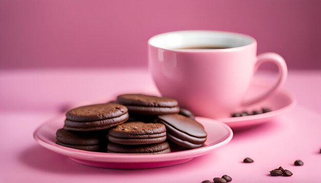 Des biscuits au chocolat sur une assiette rose et du café dans une tasse antique blanche sur un fond rose