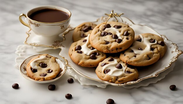 des biscuits au chocolat avec des chips de chocolat et une tasse de café