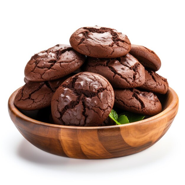 Des biscuits au chocolat dans un bol en bois sur fond blanc