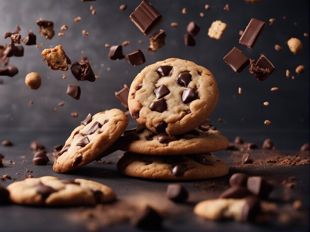 biscuits au chocolat avec éclaboussures de chocolat sur la photographie alimentaire de table en bois