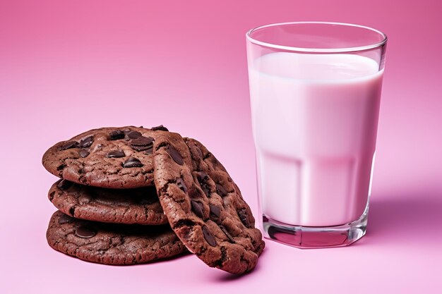 Des biscuits au chocolat fraîchement cuits servis avec un verre de lait sur un fond rose