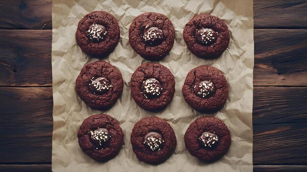 Des biscuits au chocolat frais cuits sur du papier brun sur une table en bois