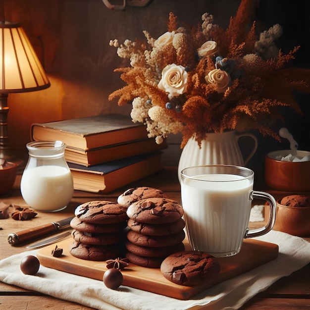 Les biscuits au chocolat et le lait au générateur