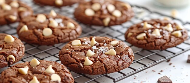 Biscuits au chocolat avec des morceaux de chocolat blanc sur un étagère de refroidissement