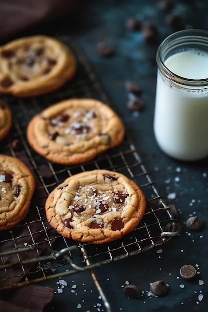 Des biscuits au chocolat sur un rack de refroidissement avec du sel floconné servi avec du lait froid sur l'IA générative