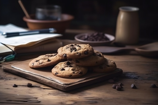 Biscuits au chocolat sur une table en bois libre Réseau de neurones généré par l'IA