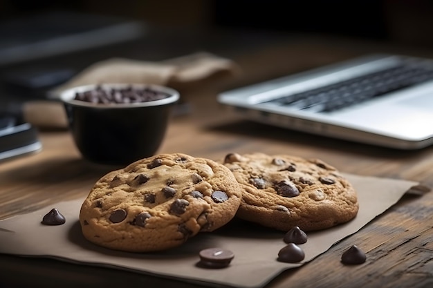 Biscuits au chocolat sur une table en bois libre Réseau de neurones généré par l'IA