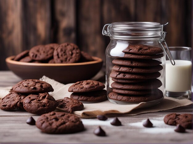 Photo biscuits au chocolat avec un verre de lait sur une table en bois photographie alimentaire