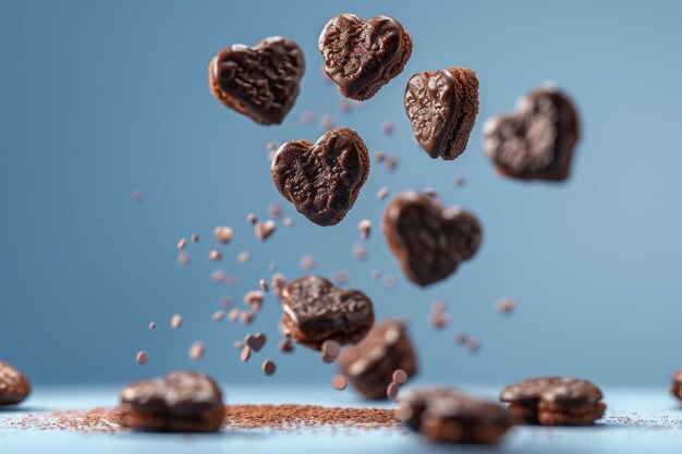 Photo des biscuits au cœur au chocolat en mouvement sur un fond bleu apaisant.