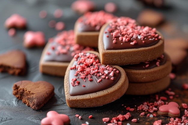 Des biscuits au cœur recouverts de chocolat avec des éclaboussures