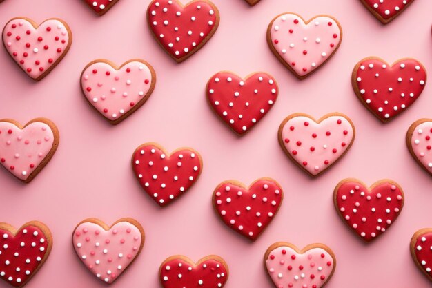 Des biscuits au cœur rouge et rose sur fond pastel