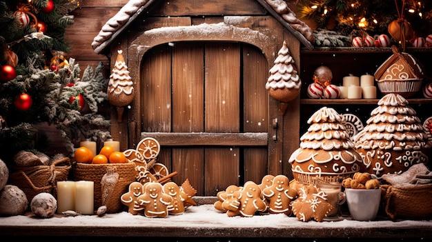 Des biscuits au pain d'épice à l'arrière-plan de Noël