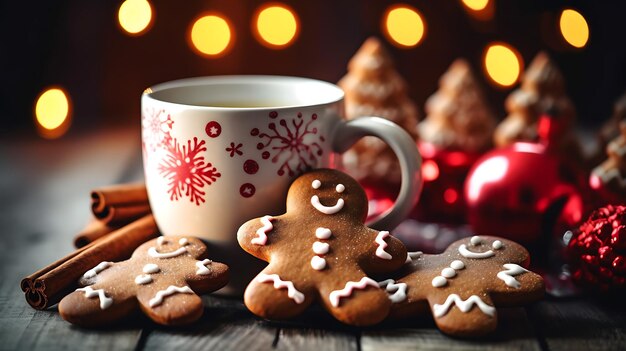 Des biscuits au pain d'épice et du chocolat chaud sur une table en bois rustique.