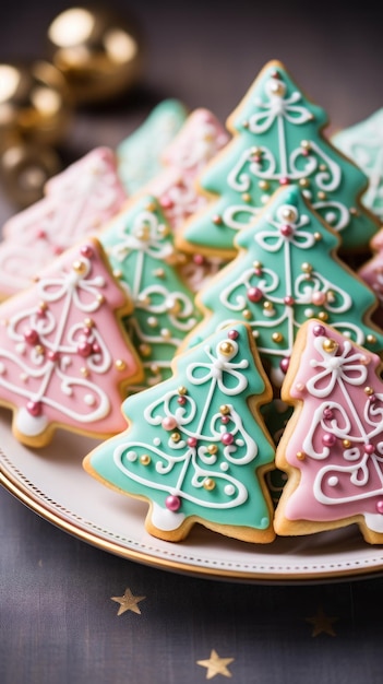 Biscuits au sucre colorés en forme d'arbres de Noël et de rennes