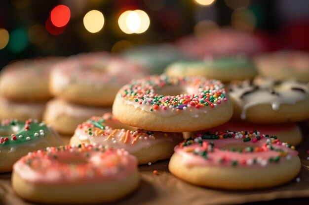 des biscuits au sucre décorés à la main, chacun unique et coloré, exposés de manière attrayante sur un plateau de fête