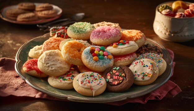 Biscuits au sucre faits maison avec glaçage coloré sur table en bois rustique générés par l'intelligence artificielle