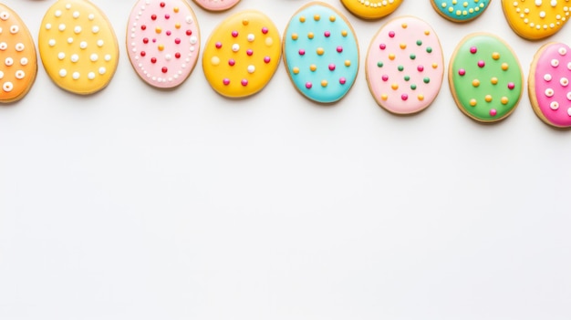Biscuits au sucre en forme d'œufs de Pâques colorés sur fond blanc de fond