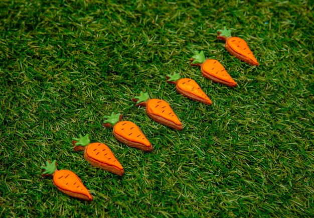 Biscuits aux carottes de Pâques sur vert