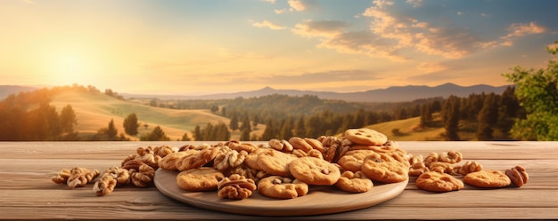 Biscuits aux noix sur table en bois panorama de concept d'aliments sains Generative Ai