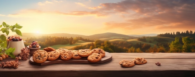 Biscuits aux noix sur table en bois panorama de concept d'aliments sains Generative Ai