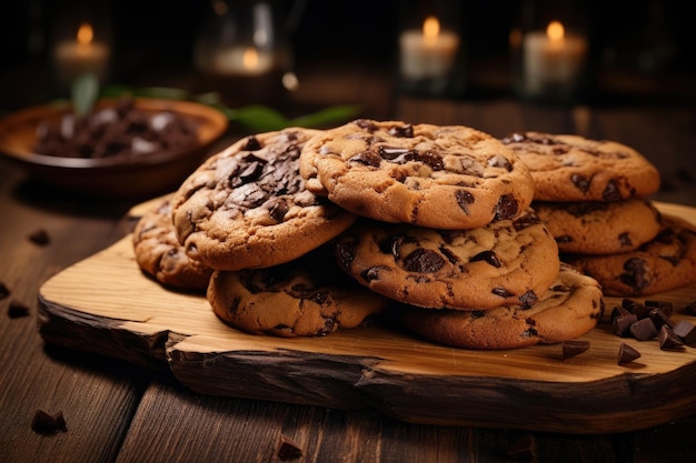 Biscuits aux pépites de chocolat affichés sur une table en bois