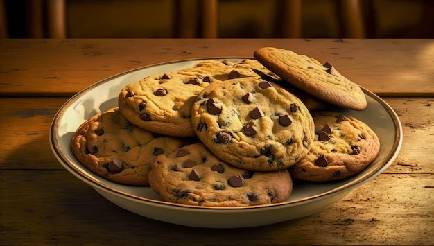 Biscuits aux pépites de chocolat dans un bol sur une table en bois Generative AI