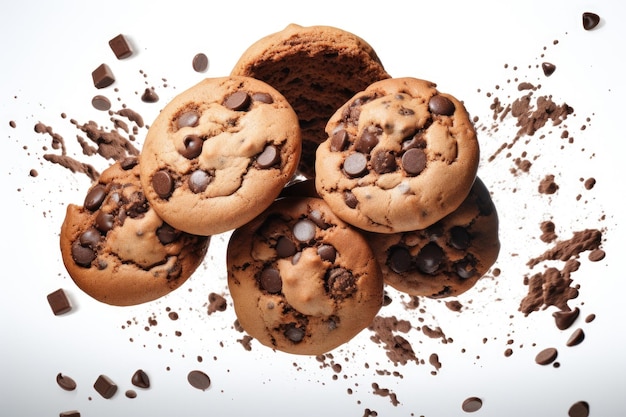 Biscuits aux pépites de chocolat et gouttes de pâtisseries maison et sucrées isolées sur blanc