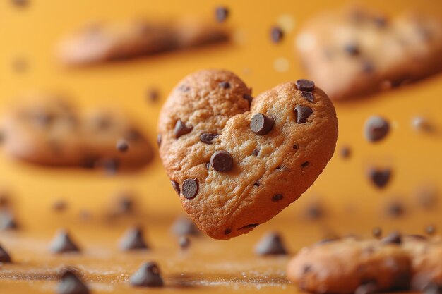 Biscuits aux pépites de chocolat planant sur une toile jaune