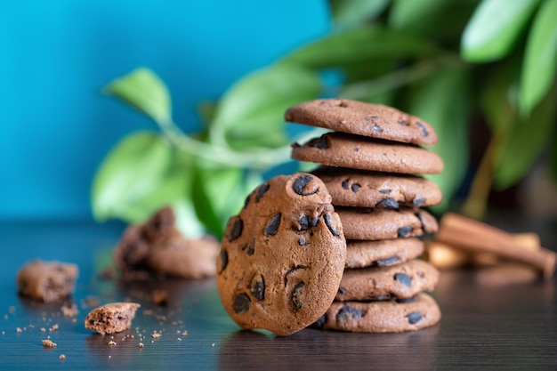 Biscuits à l'avoine au chocolat sur table sur fond de feuilles vertes