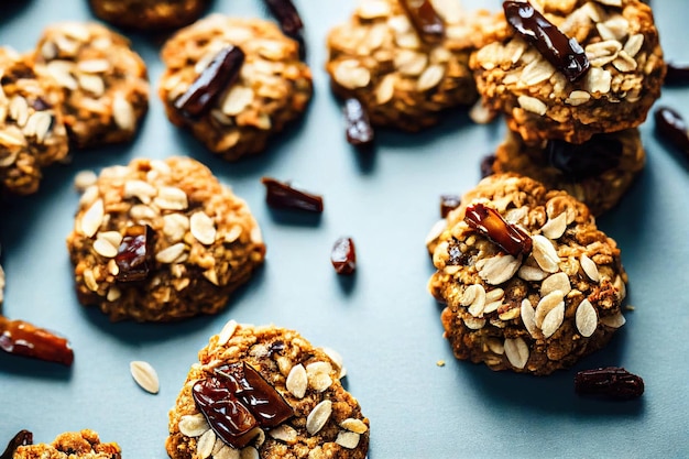 Biscuits à l'avoine faits maison cuits au four avec des dates et des grains sur fond bleu