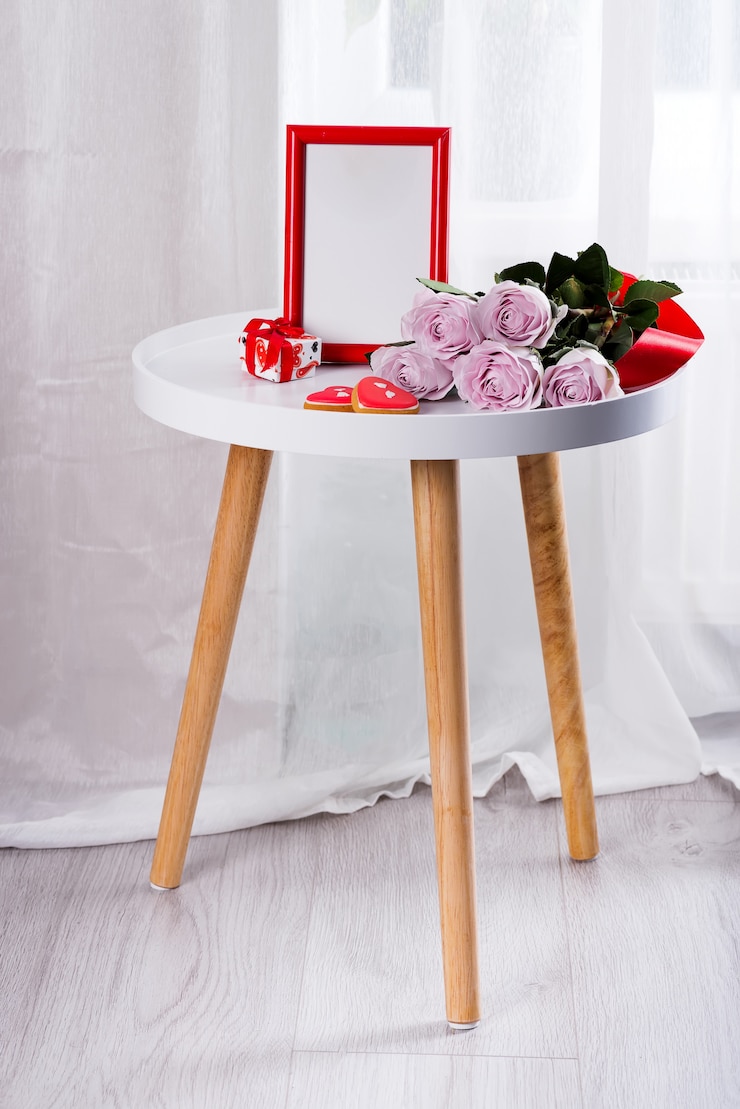 Photo biscuits coeur saint valentin fait maison, roses roses et cadre rouge sur tableau blanc près du sol