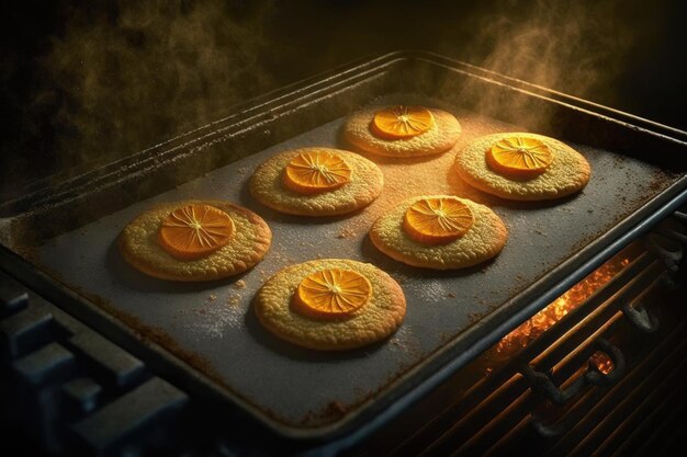 Biscuits cuits au four avec de la marmelade sur une plaque de cuisson au four