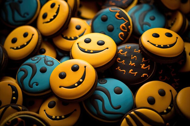 Photo des biscuits délicieux décorés de visages souriants heureux dans le style de thèmes sombres et effrayants