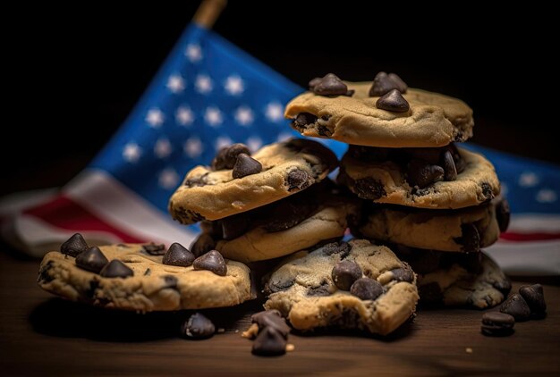 Photo biscuits de drapeau américain avec des pépites de chocolat dans le style de fond smokey