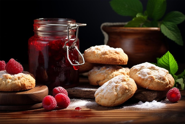 Biscuits faits maison avec de la confiture bouchent fond sombre